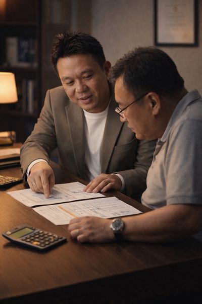 Malaysian financial advisor explaining bank comparison options to a client during a one-on-one consultation in a modern office